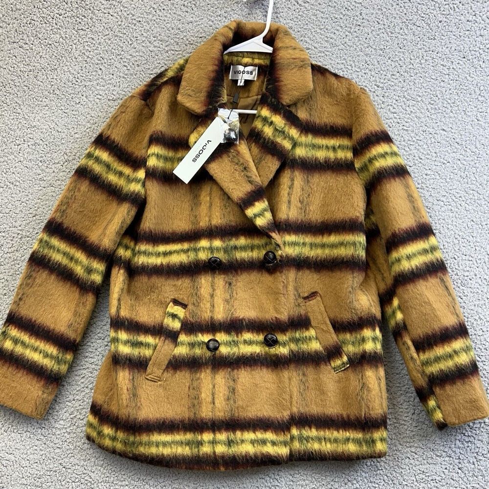 Vigoss Womens Plaid Double‎ Breasted Peacoat In Lemon Sz Small NEW